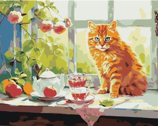 Картина по номерам «Рыжий кот пьет чай у окошка 2»