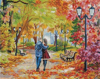 Алмазная вышивка «Осенний парк, скамейка, двое» Елены Самарской