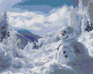 Картина по номерам «Зима: Пейзаж со снеговиком в лесу»