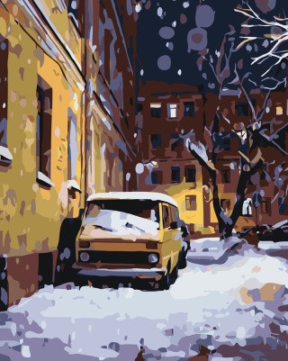 Картина по номерам Дома панельки родные зима в городе