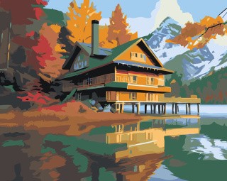 Картина по номерам «Природа: Пейзаж с домом на озере с видом на горы 2»