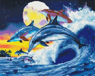 Алмазная вышивка «Дельфины на фоне луны»