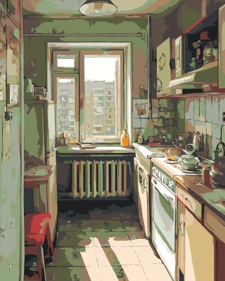 Картина по номерам Дома панельки родные эстетичная кухня