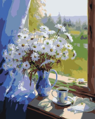 Картина по номерам «Цветы: Букет ромашек на окне»