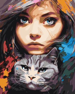 Картина по номерам «Девушка и серый кот»