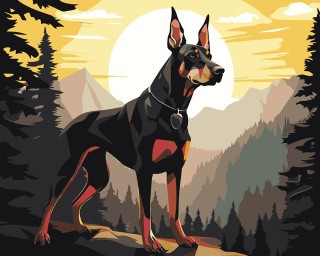 Картина по номерам «Собака доберман в горном лесу»