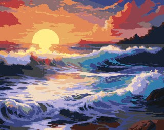 Картина по номерам «Природа: Морской пейзаж с волнами на закате»