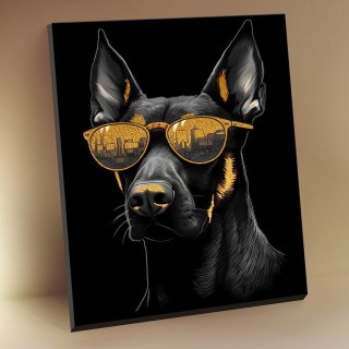 Картина по номерам с поталью «Черный холст Доберман в очках»