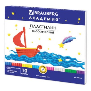 Пластилин классический Brauberg «Академия», 10 цветов, 200 г, со стеком