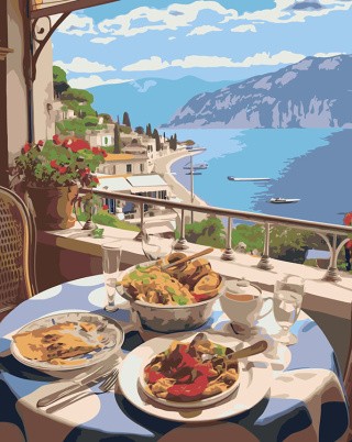 Картина по номерам «Природа: Вид из кафе на море в куротном городе»