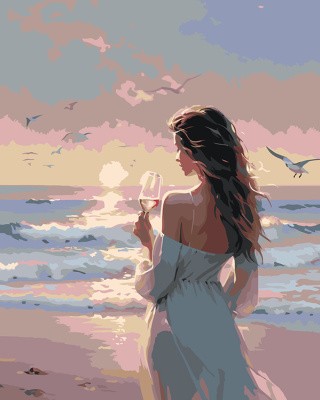 Картина по номерам «Природа: Девушка с бокалом на берегу моря»