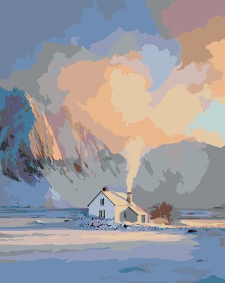 Картина по номерам Дом в горах зимой на восходе Картина по номерам Дом в горах зимой на восходе