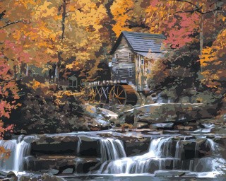 Картина по номерам «Природа: Пейзаж с водяной мельницей на ручье в осеннем лесу»