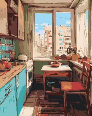 Картина по номерам Дома панельки родные эстетичная кухня