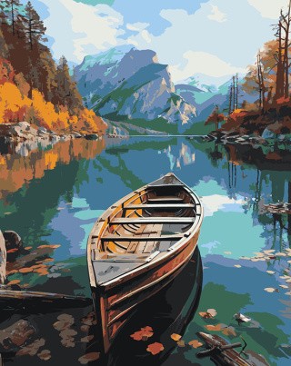 Картина по номерам «Природа: Пейзаж с лодкой на горном осеннем озере»