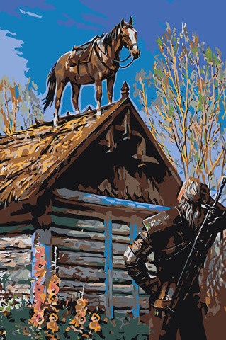 Картина по номерам «Ведьмак и конь на крыше»