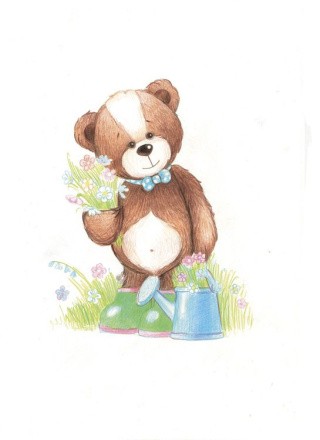 Скетч для раскрашивания цветными карандашами «Медвежонок-садовод»
