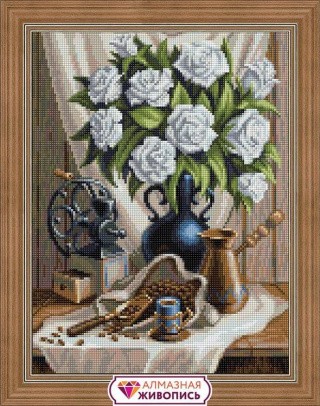 Алмазная вышивка «Белые розы и черный кофе»