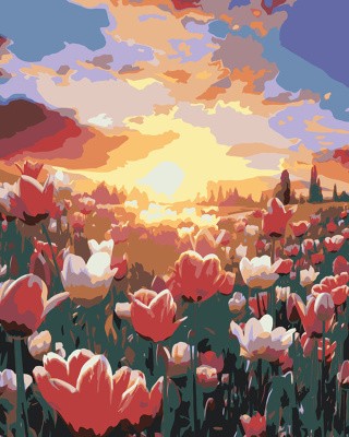 Картина по номерам «Природа: Пейзаж с полем разноцветных тюльпанов»