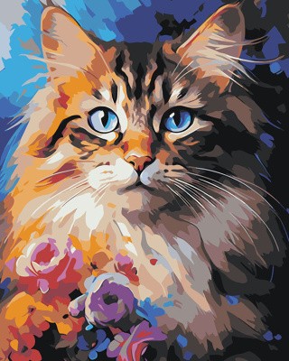 Картина по номерам «Красочный кот с голубыми глазами и цветами 2»