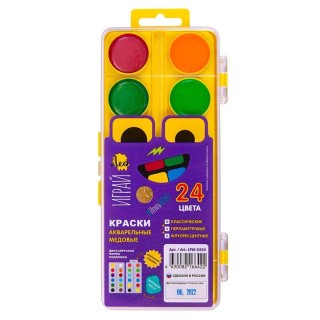 Краска акварель «Играй», медовые, без кисти (двухъярусная), 24 цв., Лео Краска акварель «Играй», медовые, без кисти (двухъярусная), 24 цв., Лео