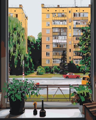 Картина по номерам Дома панельки родные лето за окном