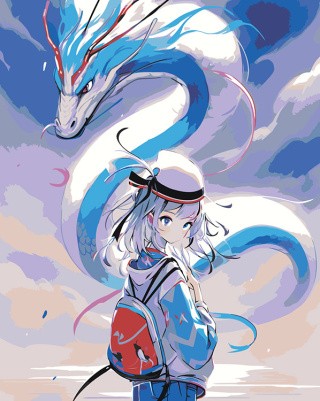 Картина по номерам «Аниме: Девушка с рюкзаком и бело-голубой дракон»