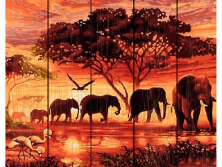 Картина по номерам по дереву Paintboy «Слоны на закате»
