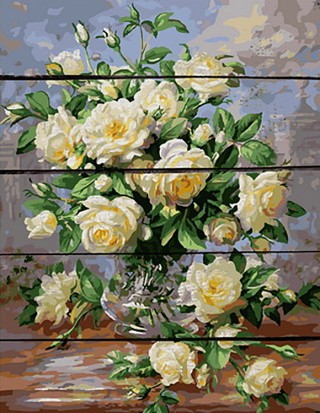 Картина по номерам по дереву Paintboy «Белые розы в стеклянной вазе»