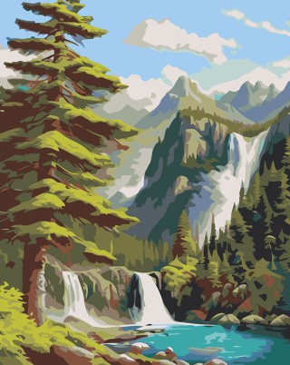 Картина по номерам «Природа: Пейзаж с горным водопадом в лесу»