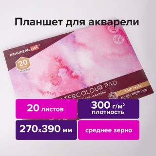 Папка для акварели/планшет, 300 г/м2, 270х390 мм, склейка, среднее зерно, 20 л., BRAUBERG ART PREMIERE