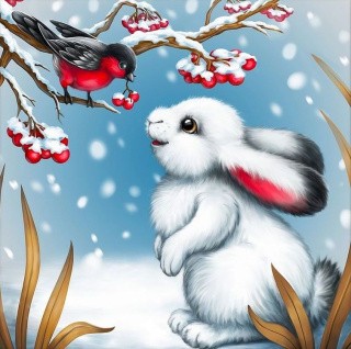 Алмазная вышивка «Кролик и снегирь»