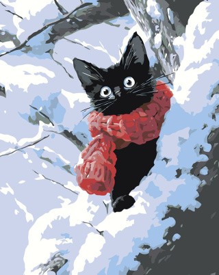 Картина по номерам Черный котик зимой среди снега Картина по номерам Черный котик зимой среди снега