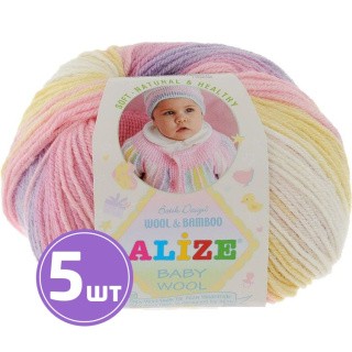 Пряжа ALIZE Baby wool batik design (4006), бело-розово-сиренево-желтый, 5 шт. по 50 г Пряжа ALIZE Baby wool batik design (4006), бело-розово-сиренево-желтый, 5 шт. по 50 г