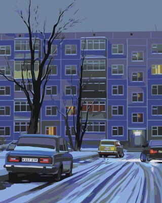 Картина по номерам «Панельки родные: ночь, зима, жигули 40х50»