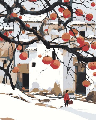 Картина по номерам Зимний пейзаж с хурмой и домами Картина по номерам Зимний пейзаж с хурмой и домами