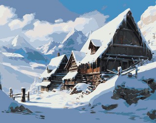 Картина по номерам «Зима: Пейзаж с домиком под снегом в горах»
