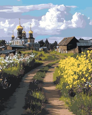 Картина по номерам «Пейзаж: церковь в деревне, цветы, весна» Картина по номерам «Пейзаж: церковь в деревне, цветы, весна»
