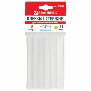 Клеевые стержни, диаметр 11 мм, длина 100 мм, прозрачные, комплект 6 шт., Brauberg