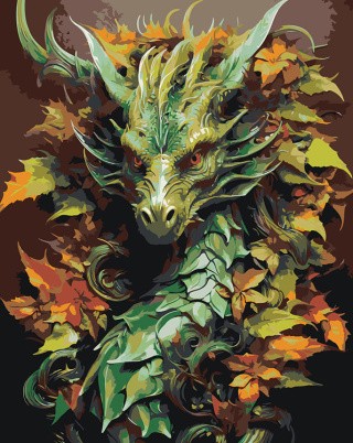Картина по номерам «Зеленый деревянный дракон в листьях»