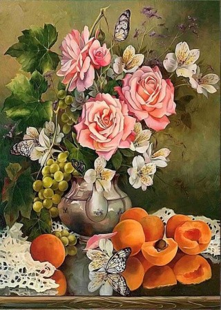 Рисунок на ткани «Натюрморт. Розы с персиками»