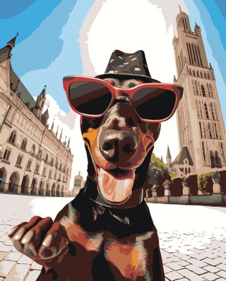 Картина по номерам «Собака доберман: селфи в очках на отдыхе»