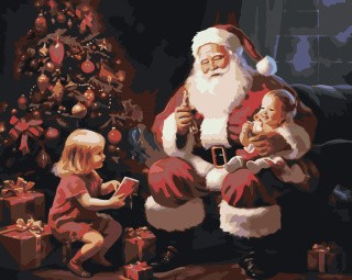 Картина по номерам «Новогодняя: Дед Мороз и дети с подарками»