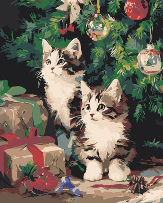 Картина по номерам Новогодняя елка и котята с подарками