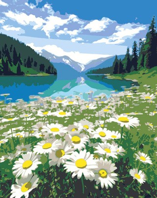 Картина по номерам «Природа: Пейзаж с полем ромашек и горным озером»