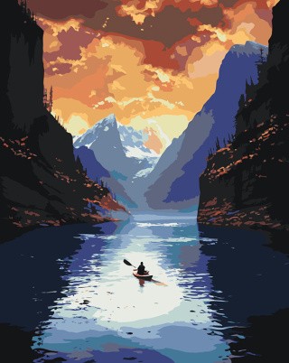 Картина по номерам «Природа: Пейзаж с человеком в лодке на фоне гор»