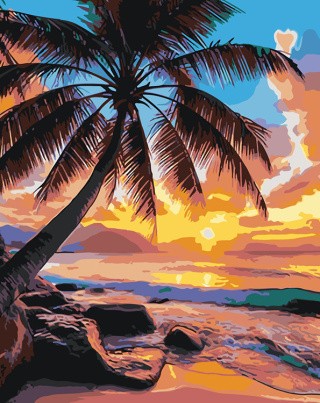 Картина по номерам «Природа: Пальма на берегу моря на закате»