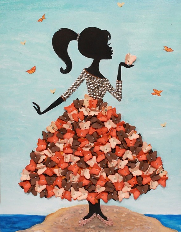 Картина на холсте из пайеток «Девочка с бабочками»