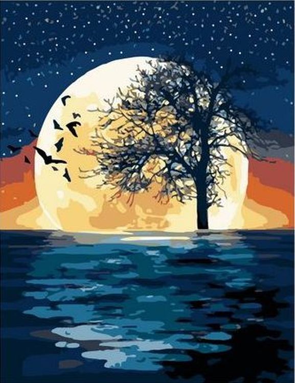 Картина по номерам «Луна над деревом в море»