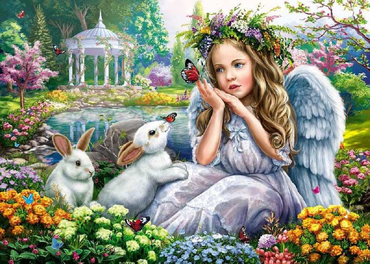 Алмазная вышивка «Ангел с кроликами»